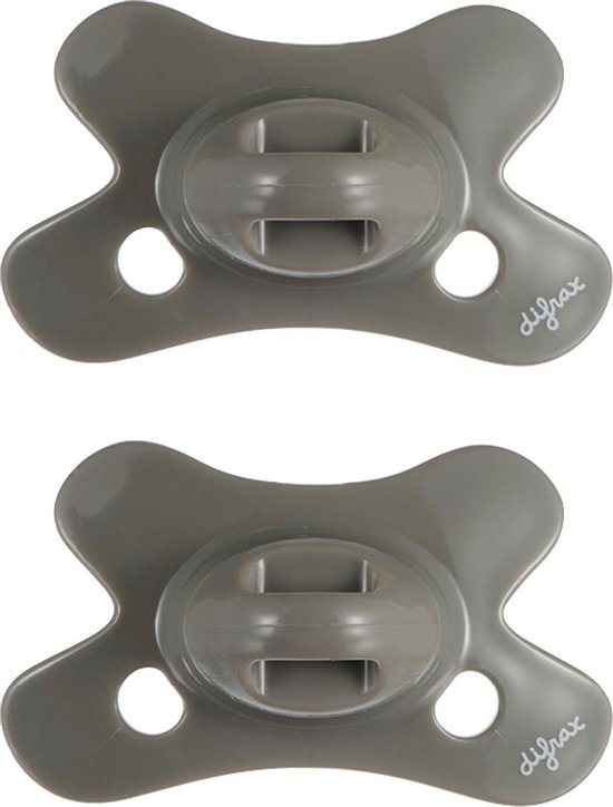 Difrax Dental Fopspeen 0 tot 6 Maanden - Grijs - 2 Stuks, Siliconen Orthodontische Speen