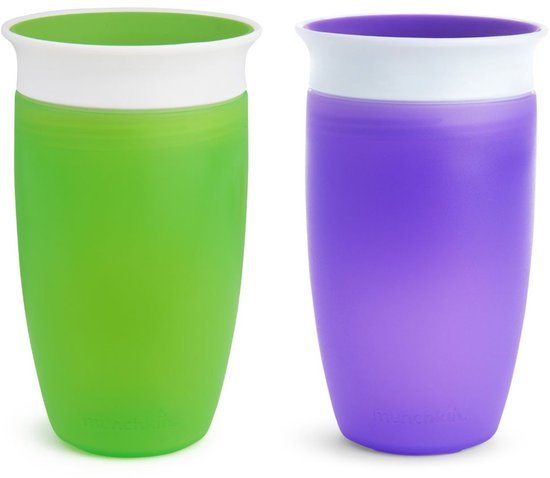 Munchkin 2pk Miracle Anti-Lek 360° Drinkbeker - Sippy Cup - Oefenbeker voor Baby en Kind - 2 Stuks - 296ml - Paars / Groen