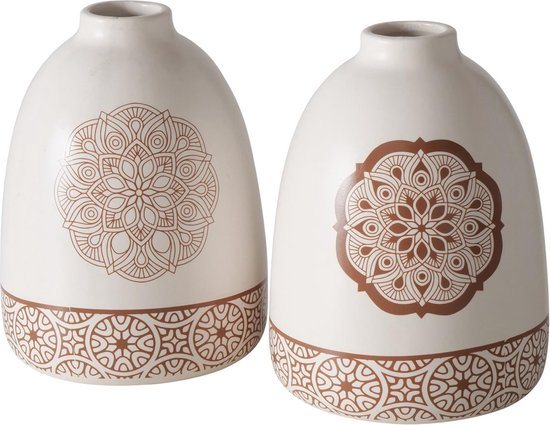 Decoratieve vaas Chakra - Handgemaakt - 12x16 cm 1 stuk - Bruin en wit - Aardewerk - Vaasje - Vazen - Bloemenvaas - Droogbloemenvaas - Decoratie - Decoratief - Bloem - Bloemen - Meditatie - Woonaccessoire - Spiritueel - Spiritualiteit - Cadeau - Kado