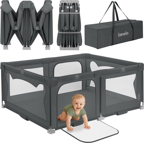 Grondbox / Baby Box – Zeer Snel Inklapbaar – 150x180 cm – voor Thuis en Tuin – 0-48 maanden – Veilige kinderbox – Draagtas – Compact na Inklappen – Speelbox met Ademend Gaas – 2 Zij-ingangen met rits – Lionelo Florence Easy Fold