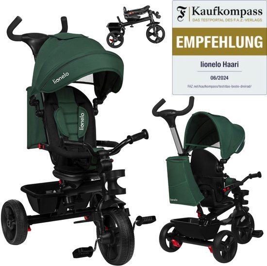Lionelo Haari - Driewieler - Drankhouder - 2in1 - Draaibare Zitting – Rubberen Onderhoudsvrije Wielen – Vrij Wiel – Schuifstang voor Ouders – Luifel – Mand en Tas – Bekerhouder – Groeit Mee – Vanaf 18 Maanden tot 25 kg