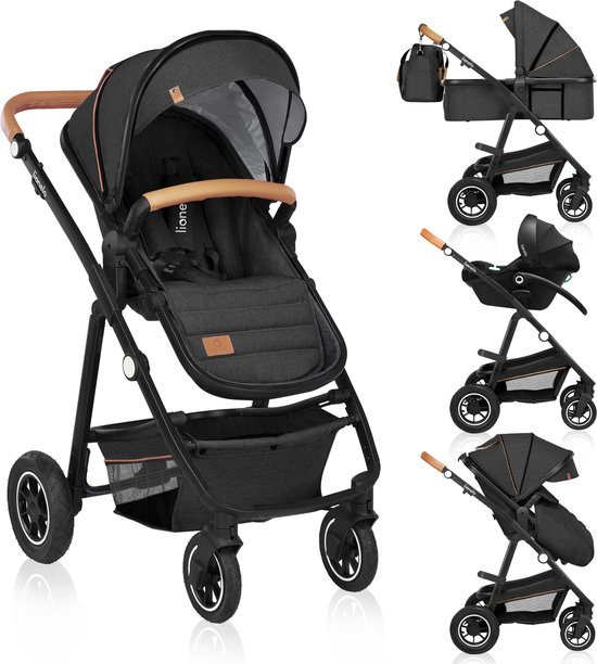 Lionelo Amber 3 in 1 Kinderwagen 3in1 - Reiswieg Buggy Baby Autostoel - ADAC geteste set - Vanaf geboorte (0-22 kg, tot 4 jaar) - Geveerde Pompwielen - Zacht Babymatras - Compact Snel Opvouwbaar - Babytas - Regenscherm - Insectennet - Autostoeltje