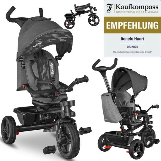 Lionelo Haari - Driewieler - Drankhouder - 2in1 - Draaibare Zitting – Rubberen Onderhoudsvrije Wielen – Vrij Wiel – Schuifstang voor Ouders – Luifel – Mand en Tas – Bekerhouder – Groeit Mee – Vanaf 18 Maanden tot 25 kg