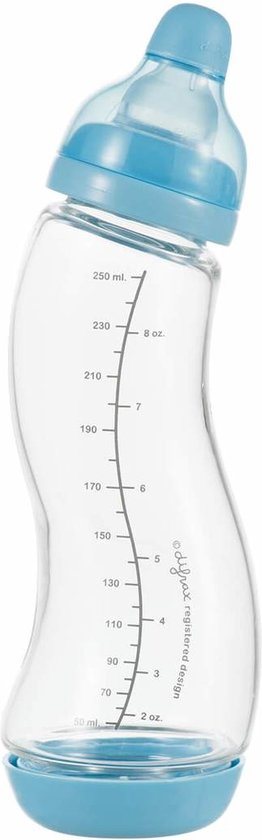 Difrax Glazen Baby S-fles 250 ml Natural - Blauw - 1 Stuk, Baby fles met Anti-Colic, S-Vorm zorgt voor constante stroom