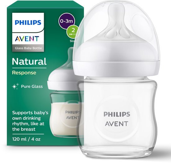 Philips Avent Natural Response Fles Glas - 120ml – Flow 2 – BPS vrij- 1 fles - SCY930/01