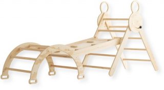 Buxibo Mini Klimrek – Houten Klimrek met Klimboog & Klimhelling met Glijbaan – Montessori Speelgym voor Binnen – 176x47x82 cm – Naturel