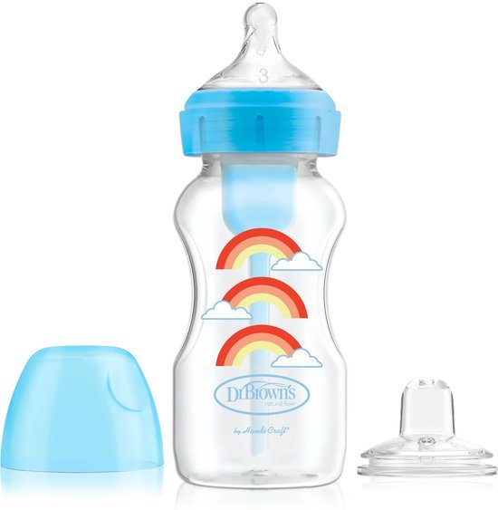 Dr. Brown’s Bottle to Sippy Starter Kit Babyfles - Brede halsfles - 270 ml - Blauw