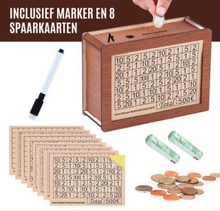 Aventra Geldkist Spaarpot teller van hout - Inclusief Nederlandse Spaarkaarten van [€500] [€1000] [€2000] [€3000] [€5000] [€10000] - Inclusief Stift - 8-delige spaarkaarten - Spaarvarken kind en volwassenen - Spaarpotten voor jongens en meisjes