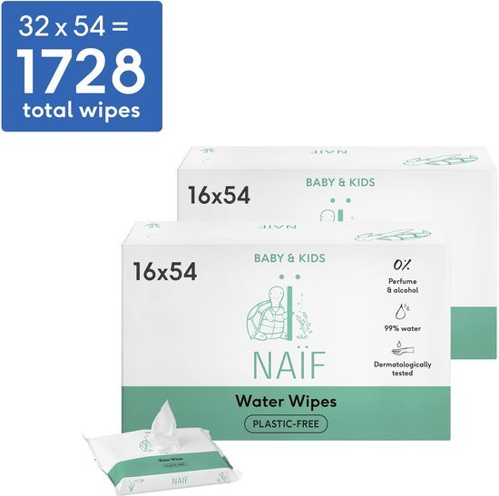 Naïf - Plasticvrije Billendoekjes Water - 1728 doekjes (32 stuks x 54 doekjes)