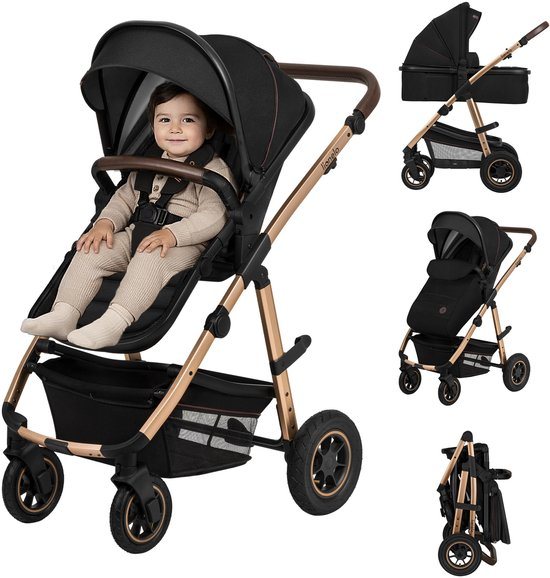 Lionelo Amber 2in1 - Kinderwagen 2 in 1 - Reiswieg + Buggy - Vanaf geboorte tot 22 kg (0-4 jaar) - Luchtbanden - Volledige Vering - Comfortabel Ligmatras - Snel Inklapbaar - Luiertas - Klamboe - Regenhoes - Verschoonmatje - Wandelwagen - Baby Peuter