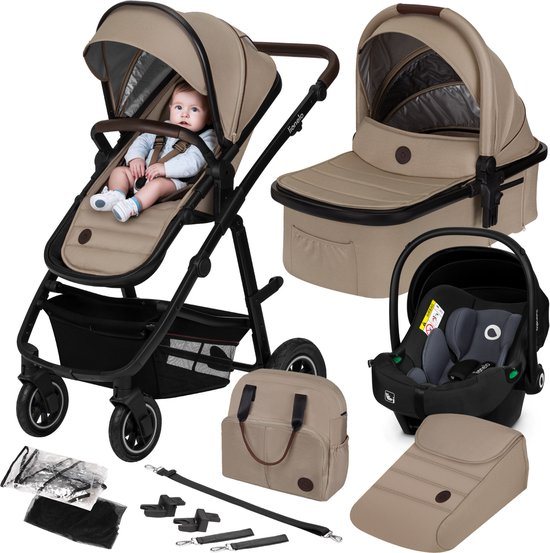 Lionelo Amber 3 in 1 Kinderwagen 3in1 - Reiswieg Buggy Baby Autostoel - ADAC geteste set - Vanaf geboorte (0-22 kg, tot 4 jaar) - Geveerde Pompwielen - Zacht Babymatras - Compact Snel Opvouwbaar - Babytas - Regenscherm - Insectennet - Autostoeltje