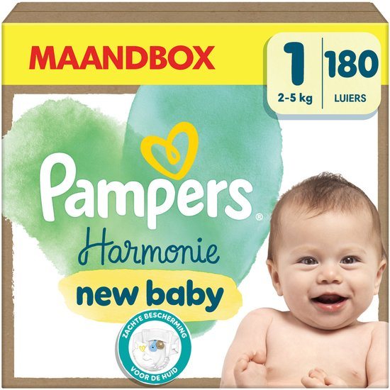 Pampers Harmonie Luiers Maat 1, 180 Luiers, 2kg-5kg