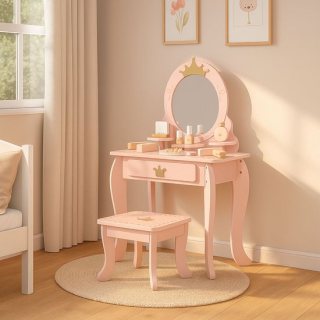 Maxx Kidz Kaptafel Kind met Spiegel - Roze Houten Kinder Make Up Tafel met Krukje - Schminktafel voor Kinderen - Meisjes Speelgoed vanaf 3 jaar