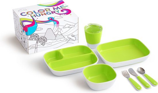 Munchkin kinderservies set - Splash ColorMe Hungry Set - Cadeauset voor Kinderen - 7-Delige Eetset - borden, kommen, lepels en vorken - Kraamcadeau - Groen