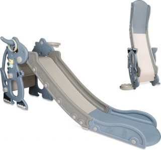 Rockerz Premium Glijbaan - Voor binnen en buiten - Speelplezier gegarandeerd - Opvouwbaar - Veilige dichte trap - Ringen spel - Basketbal ring (inclusief bal) - Muziek beertje - Kleur: Blauw