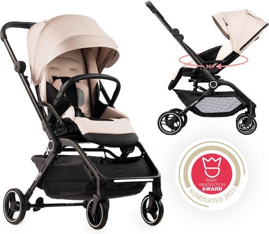 Hamilton by Yoop T1 Buggy – 360° Draaibare Stoel – MagicFold™ Technologie – Inklapbaar – Reflecterende Wielen mét Vering – Inclusief bekerhouder – Verstelbare en Wendbare Kinderwagen – Lichtgewicht Wandelwagen – Plooibuggy – Beige