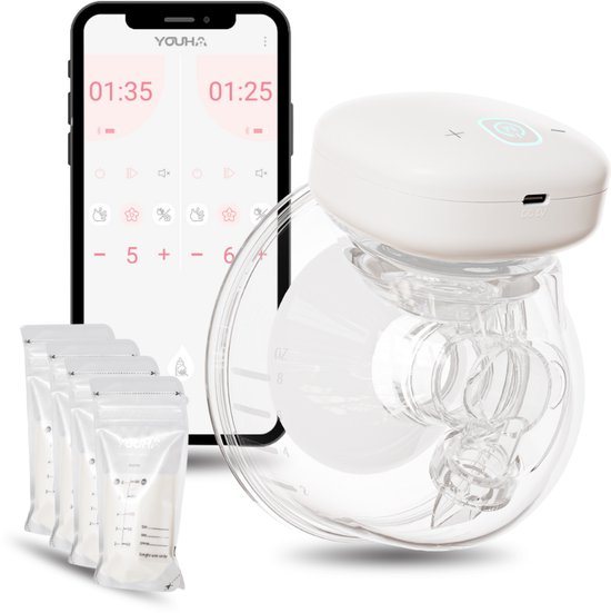 Youha Elektrische Enkele Draadloze Borstkolf Gen 1 - Met app - BPA-vrij - Maat: 24mm - Handsfree & Draagbaar - Inclusief Moedermelk bewaarzakjes & E-book
