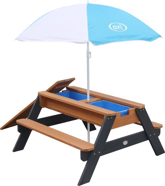 AXI Nick Zand & Water Picknicktafel in Antraciet/bruin voor kinderen - Met in hoogte verstelbare Parasol in Blauw/Wit - Multifunctionele Picknick tafel van FSC hout - Picknick tafel voor kinderen van hout