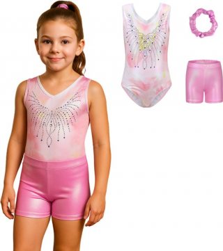 Joya Kids® Turnpakje Meisjes zonder Mouwen met Broekje en Scrunchie | Licht Roze met Wit met Glitters en Strass Steentjes Ballet pakje | Gymnastiekpakje Zomer zonder Mouw | Turnen | Turn Pakje set | Maat 140