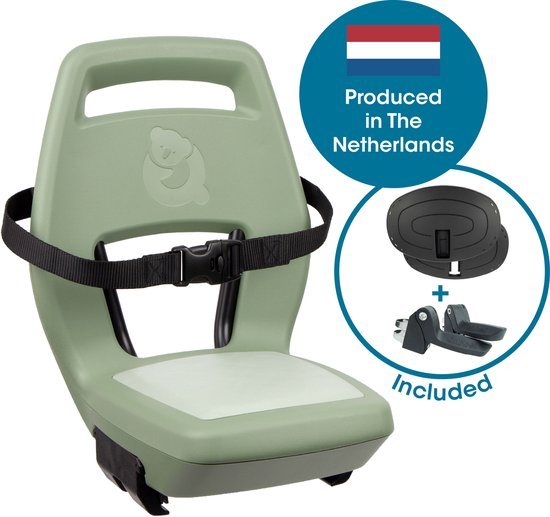 Qibbel Junior 6+ Fietsstoeltje Achter Bagagedrager bevestiging - QuickConnect - Fietszitje – Sage Green - inclusief voetbeschermingsplaten en voetsteunen