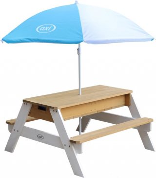 AXI Nick Zand & Water Picknicktafel in Bruin/Wit voor kinderen - Met in hoogte verstelbare Parasol in Blauw/Wit - Multifunctionele Picknick tafel van FSC hout - Picknick tafel voor kinderen van hout