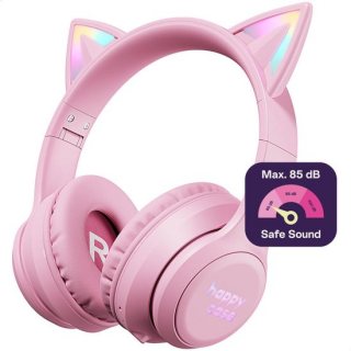HappyCase Kinder Koptelefoon met Kattenoortjes - veilige volumebregrenzer - Bluetooth Koptelefoon Voor Kinderen - Ledverlichting - Over-Ear Hoofdtelefoon - Geluiddempend - Roze