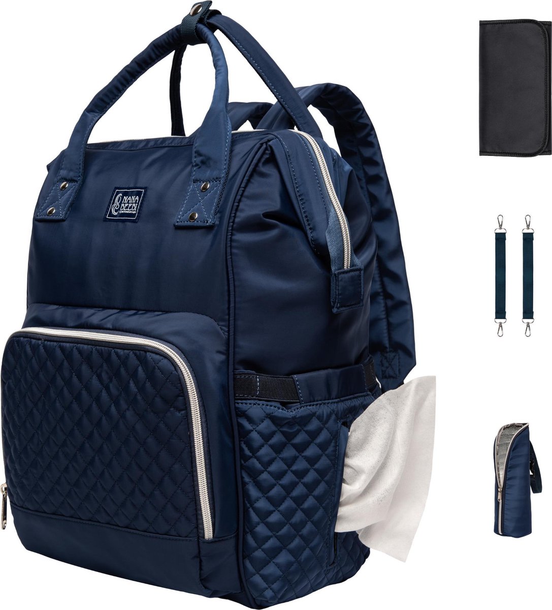 NanaBeebi Luiertas - Rugzak - Met Isoleervak - Blauw- Inclusief flessenwarmhouder en kinderwagenhaken